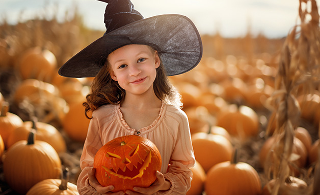 Girl with a pumpkin in a field