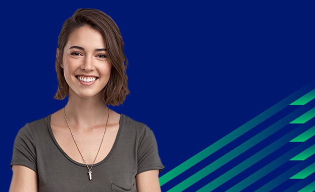 Social proof advertisement featuring a female professional with a blue-green background