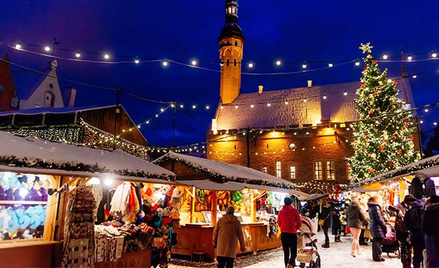 Festive Christmas markets at night in Europe