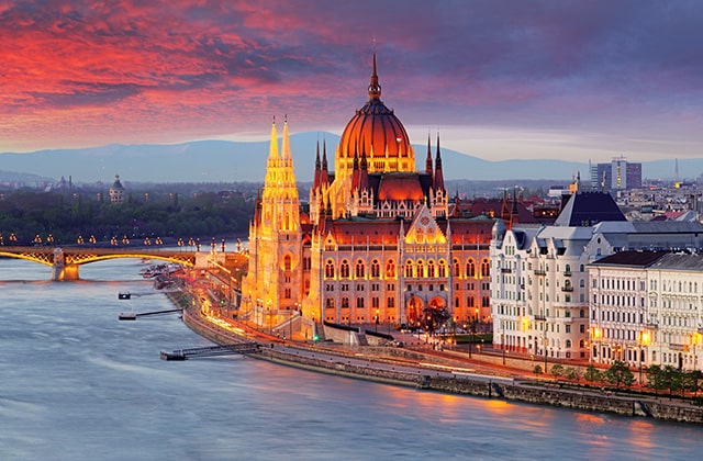 Panoramic view of Budapest and Danube river at sunset, Hungary