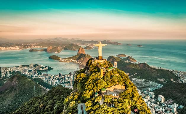 Aerial view of Christ and Botafogo Bay from high angle